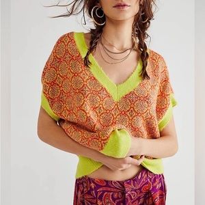Free People boxy fuzzy neon patterned sweater vest oversized!!!!